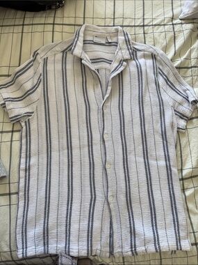ASOS White Short Sleeve Button-Down Shirt with Navy Stripes OVERSIZED-NWOT